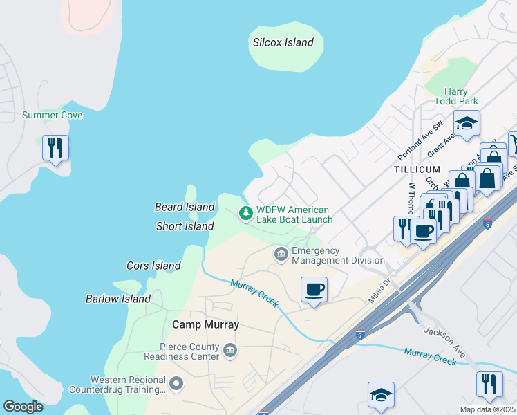 map of restaurants, bars, coffee shops, grocery stores, and more near 9148 Eagle Point Loop Road Southwest in Tacoma