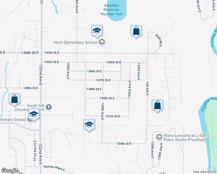 map of restaurants, bars, coffee shops, grocery stores, and more near 13010 147th Street East in Puyallup