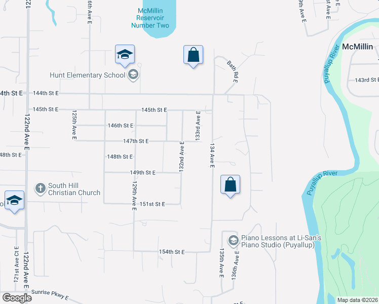 map of restaurants, bars, coffee shops, grocery stores, and more near 14701 132nd Avenue East in Puyallup