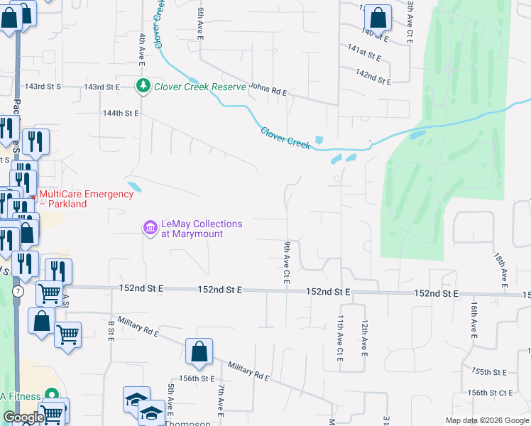 map of restaurants, bars, coffee shops, grocery stores, and more near 903 148th Street Court East in Tacoma