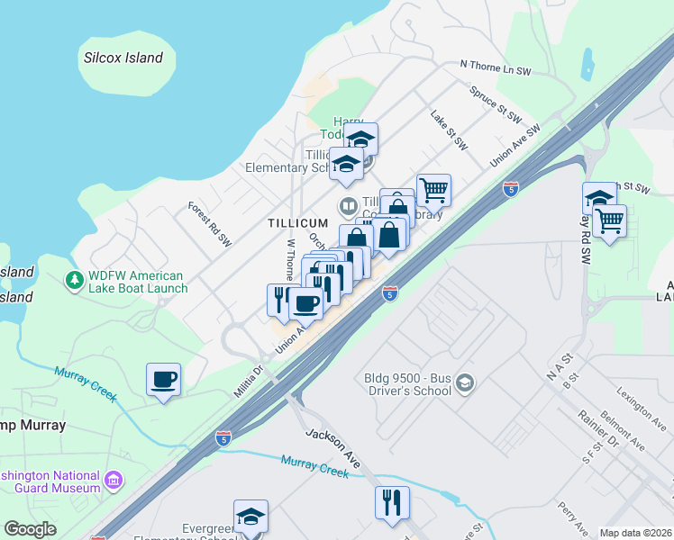 map of restaurants, bars, coffee shops, grocery stores, and more near 8311 Orchard Street Southwest in Lakewood