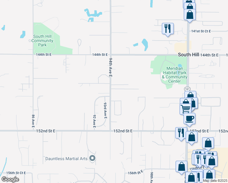 map of restaurants, bars, coffee shops, grocery stores, and more near 14731 94th Avenue East in Puyallup