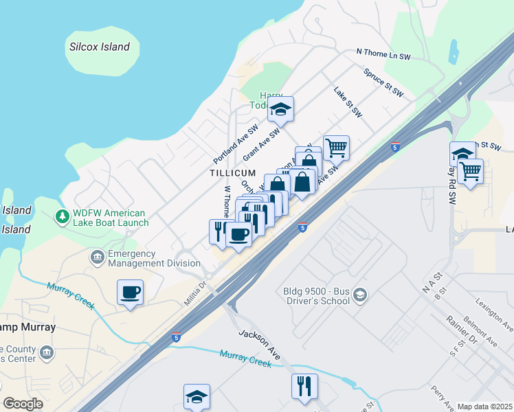 map of restaurants, bars, coffee shops, grocery stores, and more near 8314 Orchard Street Southwest in Lakewood
