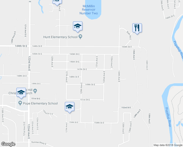map of restaurants, bars, coffee shops, grocery stores, and more near 13010 147th Street East in Puyallup