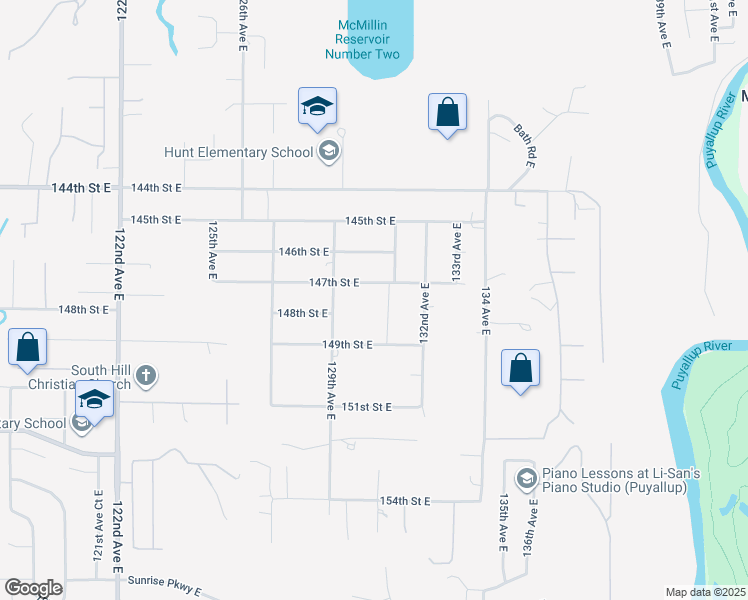 map of restaurants, bars, coffee shops, grocery stores, and more near 13010 147th Street East in Puyallup