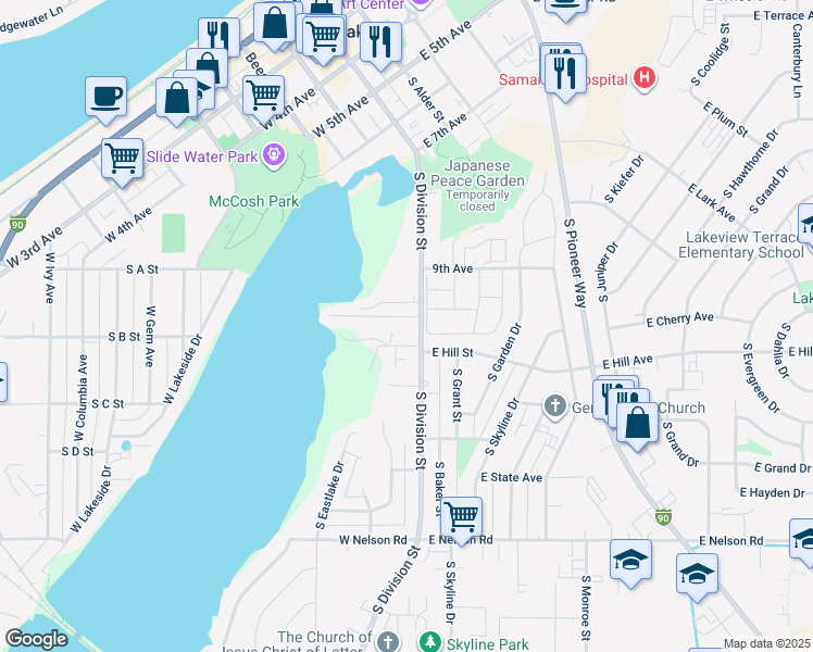 map of restaurants, bars, coffee shops, grocery stores, and more near 948 South Division Street in Moses Lake