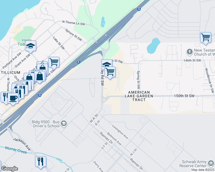 map of restaurants, bars, coffee shops, grocery stores, and more near 14815 Murray Road Southwest in Lakewood