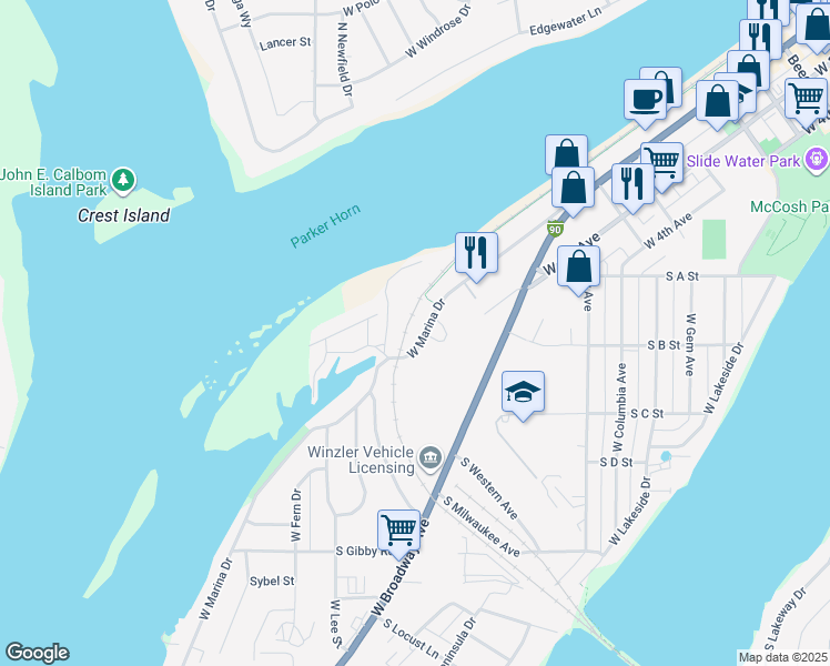 map of restaurants, bars, coffee shops, grocery stores, and more near 1136 West Marina Drive in Moses Lake