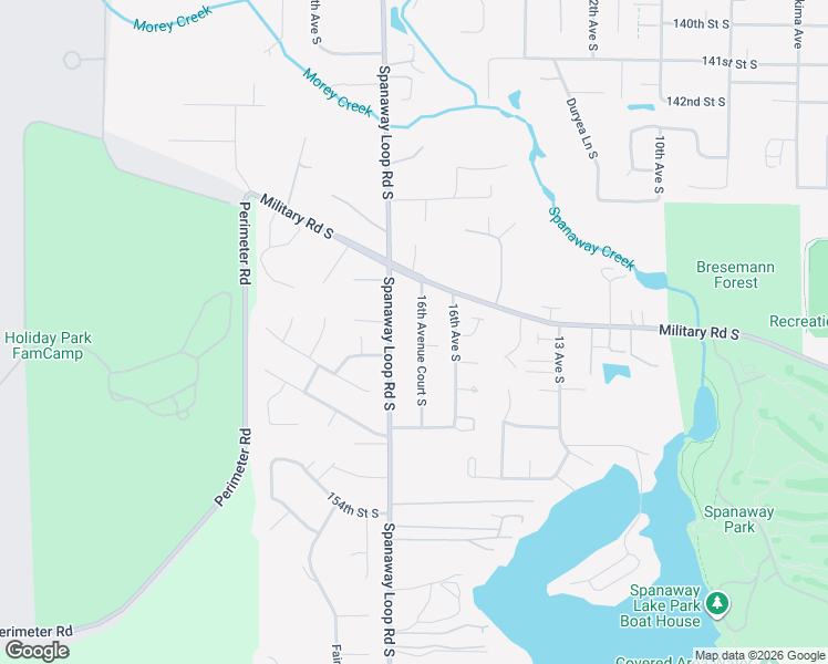 map of restaurants, bars, coffee shops, grocery stores, and more near 14904 16th Avenue Court South in Spanaway
