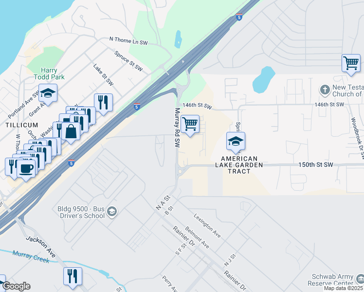 map of restaurants, bars, coffee shops, grocery stores, and more near 14815 Murray Road Southwest in Lakewood