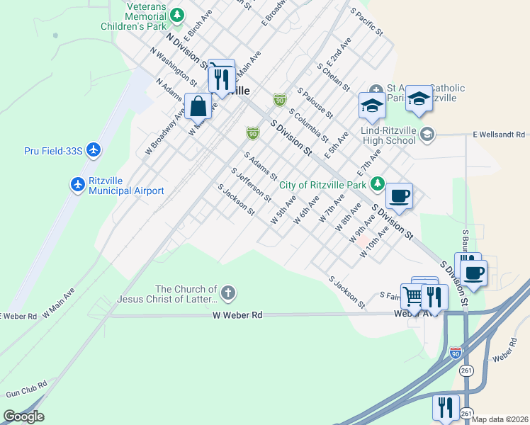 map of restaurants, bars, coffee shops, grocery stores, and more near 408 West 4th Avenue in Ritzville