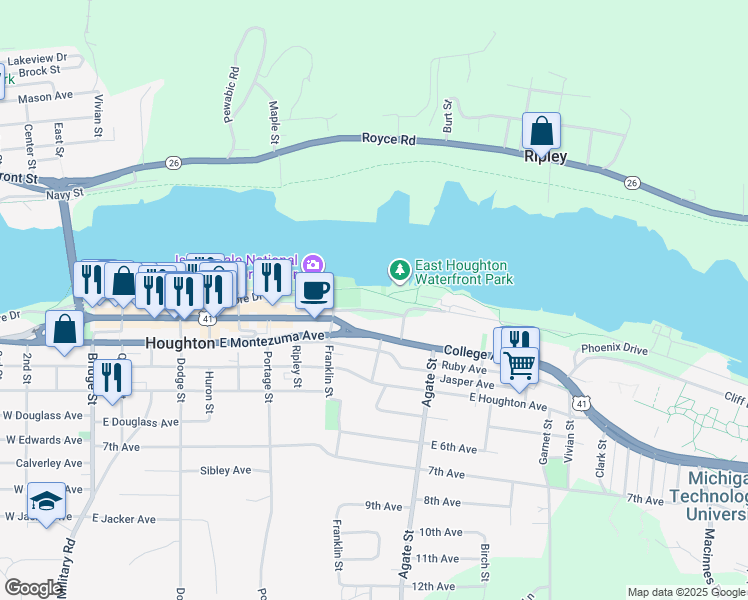 map of restaurants, bars, coffee shops, grocery stores, and more near 900 East Lakeshore Drive in Houghton
