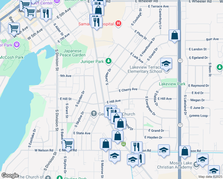 map of restaurants, bars, coffee shops, grocery stores, and more near 810 East Cherry Avenue in Moses Lake