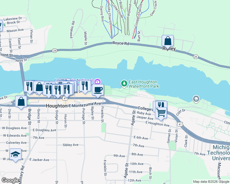 map of restaurants, bars, coffee shops, grocery stores, and more near 900 East Lakeshore Drive in Houghton