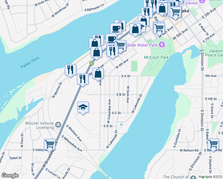 map of restaurants, bars, coffee shops, grocery stores, and more near 1033 West Columbia Avenue in Moses Lake