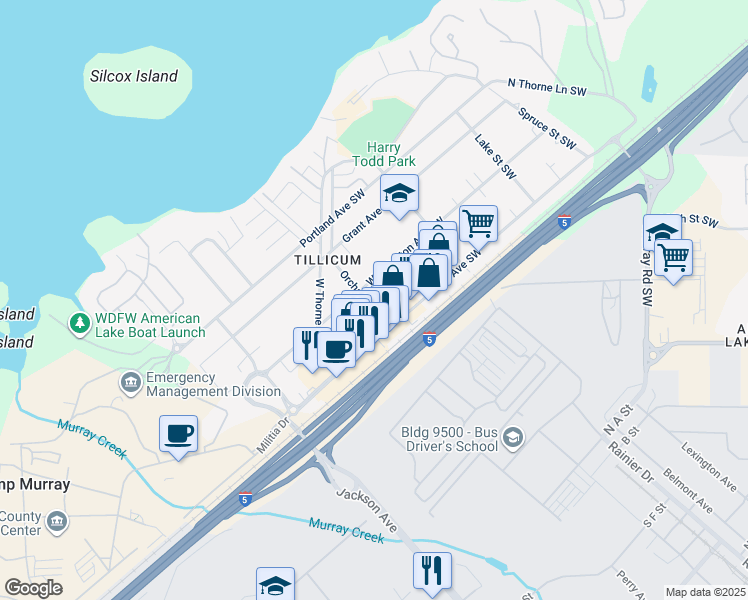map of restaurants, bars, coffee shops, grocery stores, and more near 8311 Orchard Street Southwest in Lakewood