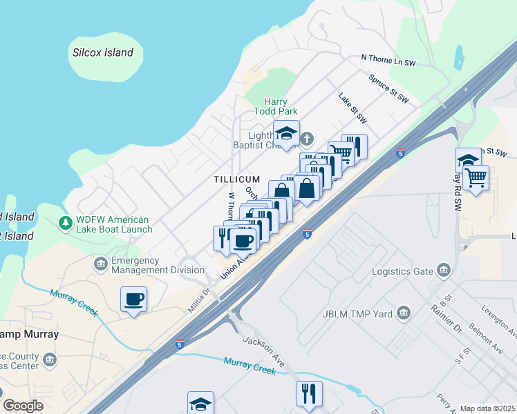 map of restaurants, bars, coffee shops, grocery stores, and more near 8326 Orchard Street Southwest in Lakewood