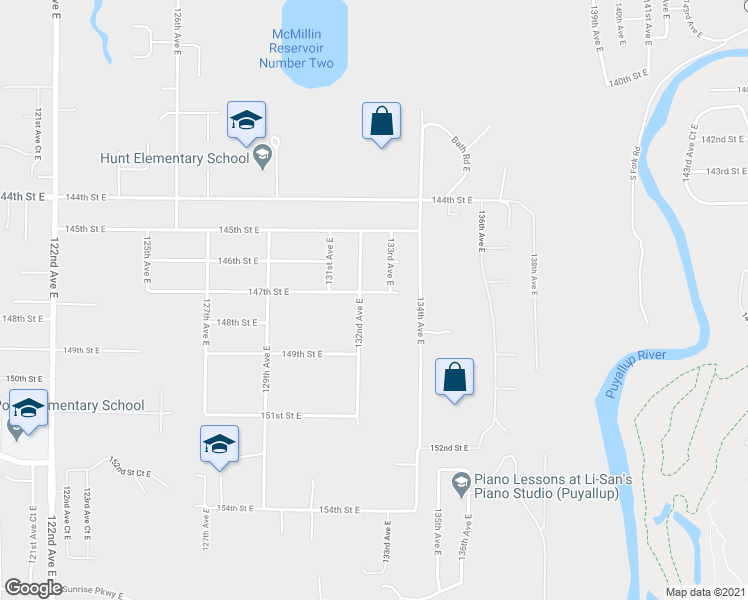 map of restaurants, bars, coffee shops, grocery stores, and more near 14701 132nd Avenue East in Puyallup