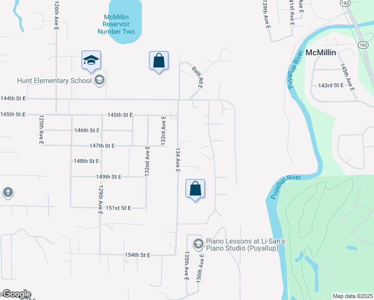 map of restaurants, bars, coffee shops, grocery stores, and more near 14709 134th Avenue East in Puyallup
