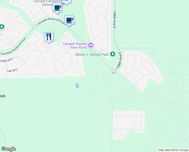 map of restaurants, bars, coffee shops, grocery stores, and more near 14704 148th Street East in Bonney Lake