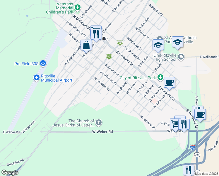 map of restaurants, bars, coffee shops, grocery stores, and more near 408 West 4th Avenue in Ritzville