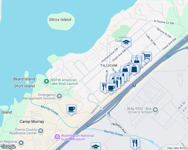 map of restaurants, bars, coffee shops, grocery stores, and more near 15224 Grant Avenue Southwest in Tacoma