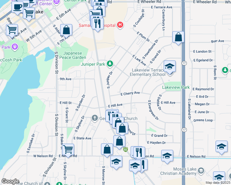 map of restaurants, bars, coffee shops, grocery stores, and more near 810 East Cherry Avenue in Moses Lake