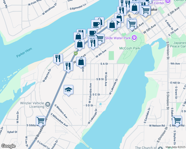map of restaurants, bars, coffee shops, grocery stores, and more near 1033 West Columbia Avenue in Moses Lake