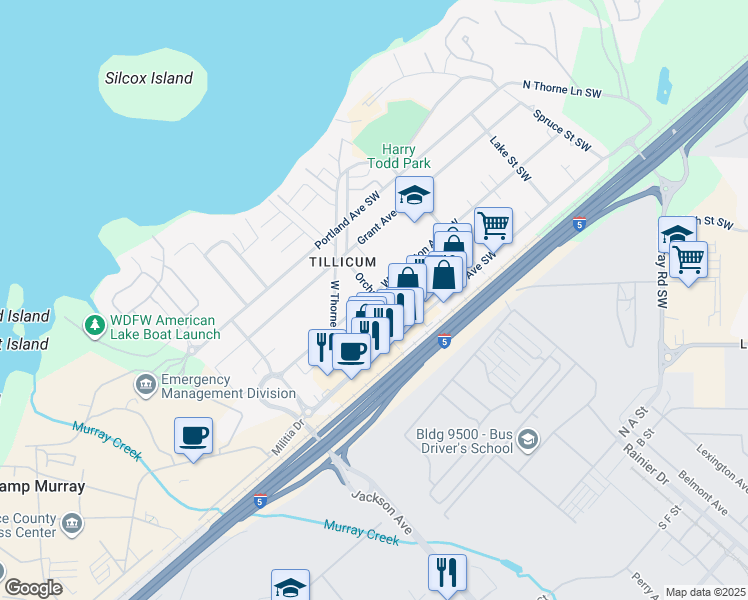 map of restaurants, bars, coffee shops, grocery stores, and more near 8311 Orchard Street Southwest in Lakewood