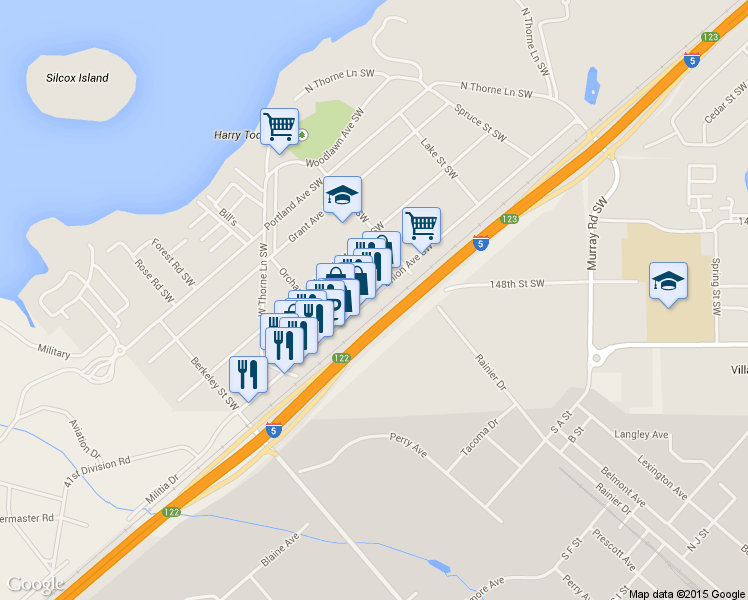 map of restaurants, bars, coffee shops, grocery stores, and more near 14911 Union Avenue Southwest in Lakewood