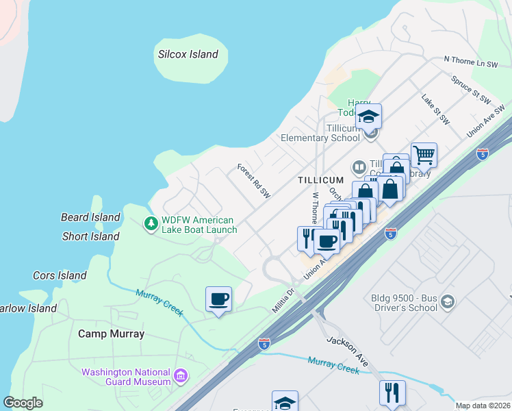 map of restaurants, bars, coffee shops, grocery stores, and more near 8801 Rose Road Southwest in Lakewood