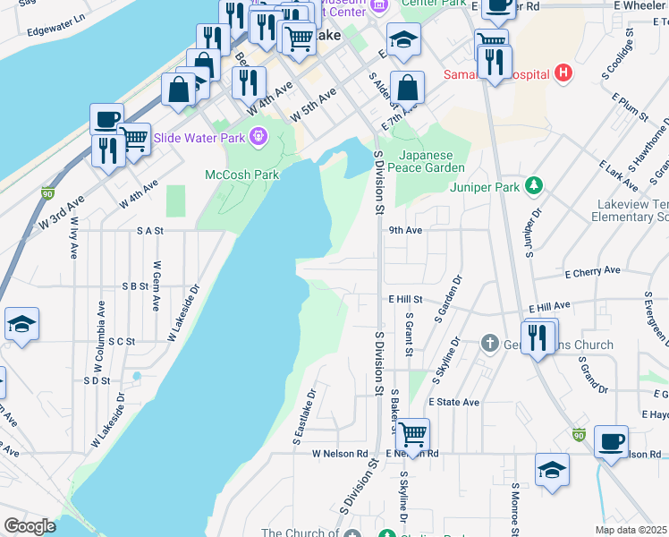 map of restaurants, bars, coffee shops, grocery stores, and more near 751 Southwest River Drive in Moses Lake