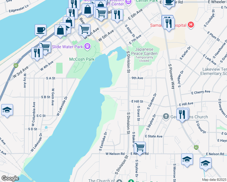 map of restaurants, bars, coffee shops, grocery stores, and more near 751 Southwest River Drive in Moses Lake