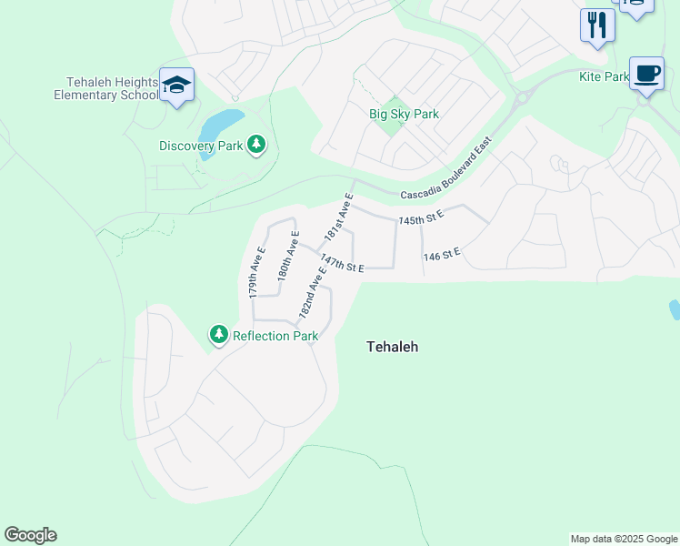 map of restaurants, bars, coffee shops, grocery stores, and more near 18220 147th Street East in Bonney Lake