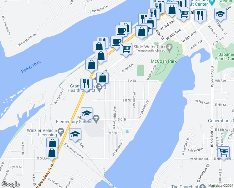 map of restaurants, bars, coffee shops, grocery stores, and more near 1031 West Columbia Avenue in Moses Lake