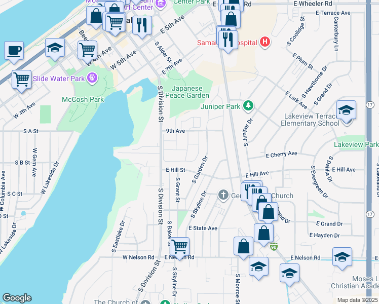 map of restaurants, bars, coffee shops, grocery stores, and more near 123 9th Avenue in Moses Lake