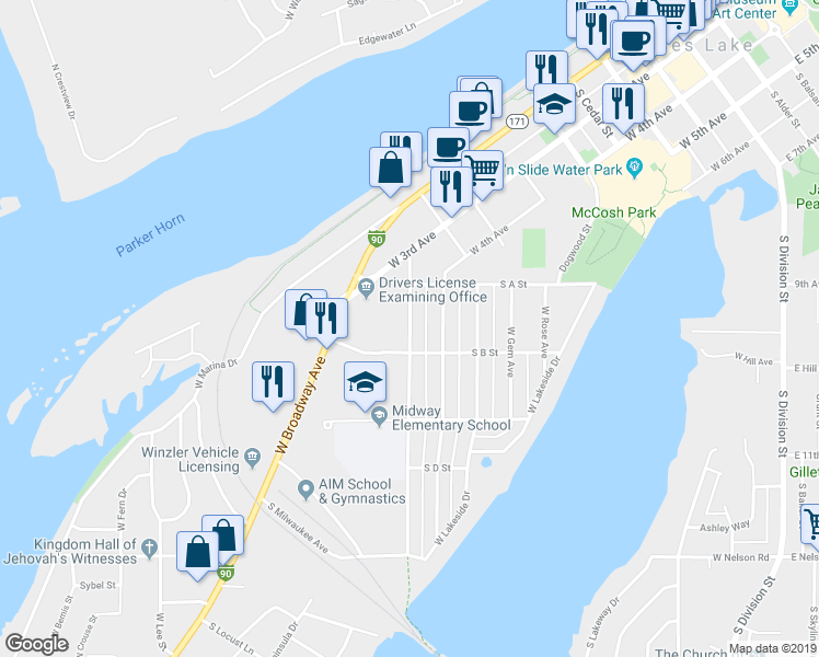 map of restaurants, bars, coffee shops, grocery stores, and more near 1031 West Ivy Avenue in Moses Lake