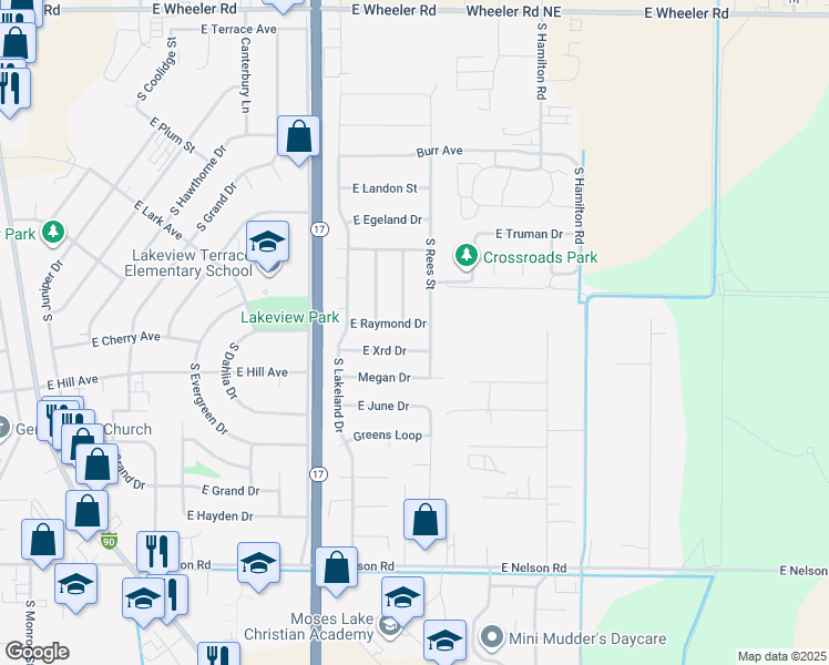 map of restaurants, bars, coffee shops, grocery stores, and more near 1405 East Raymond Drive in Moses Lake