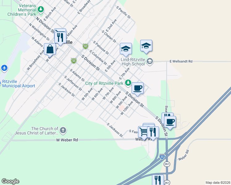 map of restaurants, bars, coffee shops, grocery stores, and more near 707 South Washington Street in Ritzville