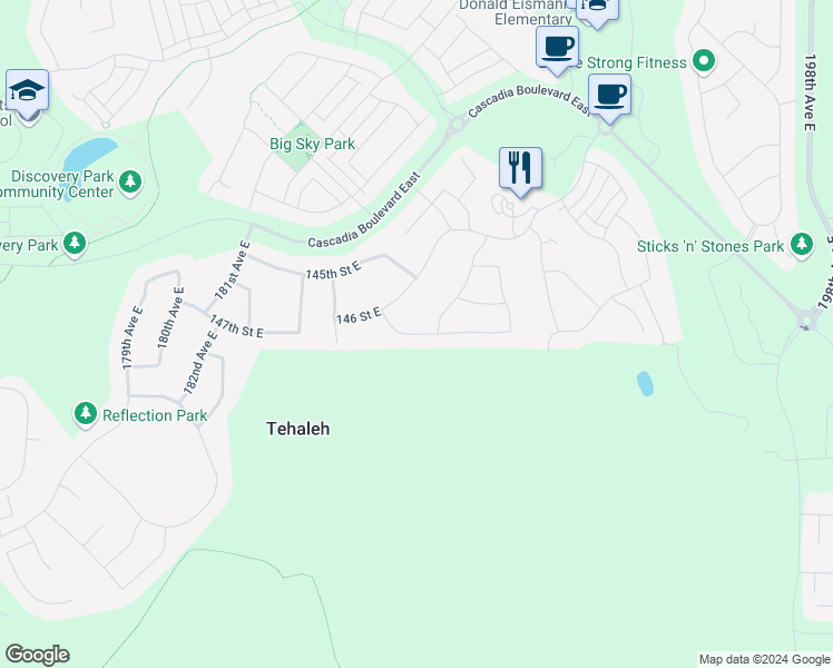 map of restaurants, bars, coffee shops, grocery stores, and more near 18937 146th Street East in Bonney Lake