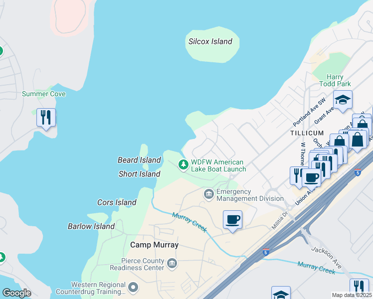 map of restaurants, bars, coffee shops, grocery stores, and more near 9148 Eagle Point Loop Road Southwest in Tacoma