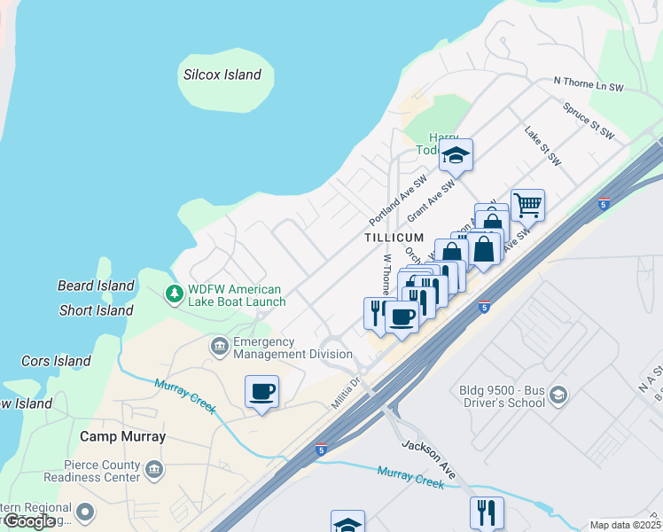 map of restaurants, bars, coffee shops, grocery stores, and more near 15301 Portland Avenue Southwest in Lakewood