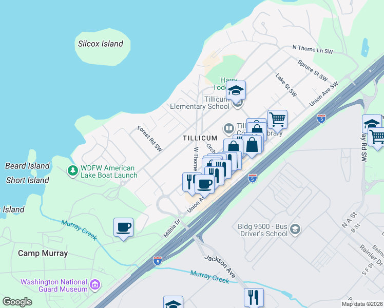 map of restaurants, bars, coffee shops, grocery stores, and more near 14816 West Thorne Lane Southwest in Lakewood
