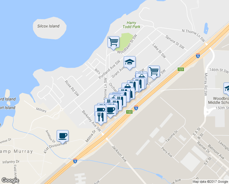 map of restaurants, bars, coffee shops, grocery stores, and more near 15122 Washington Avenue Southwest in Tacoma