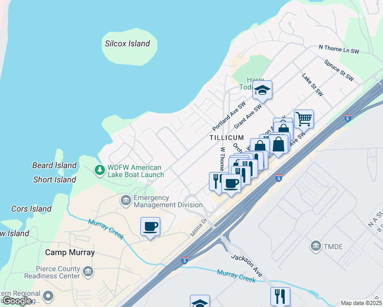 map of restaurants, bars, coffee shops, grocery stores, and more near 15224 Grant Avenue Southwest in Tacoma
