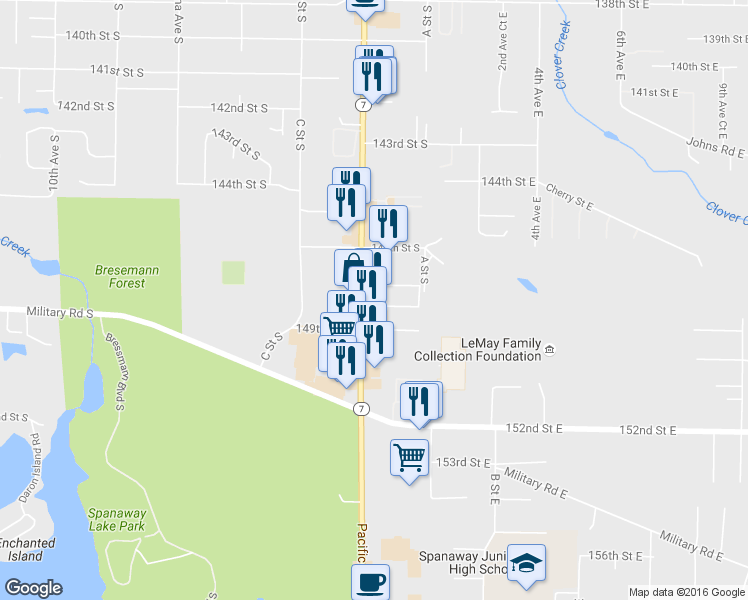 map of restaurants, bars, coffee shops, grocery stores, and more near 14803 Pacific Avenue South in Tacoma