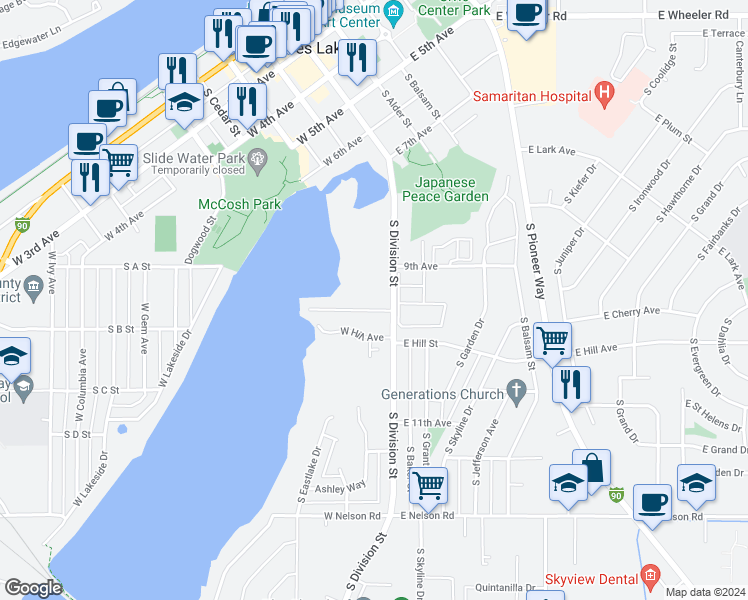 map of restaurants, bars, coffee shops, grocery stores, and more near 948 South Division Street in Moses Lake