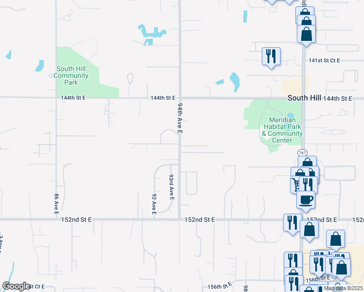 map of restaurants, bars, coffee shops, grocery stores, and more near 14731 94th Avenue East in Puyallup
