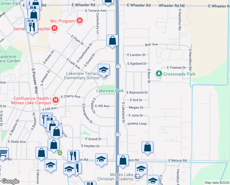 map of restaurants, bars, coffee shops, grocery stores, and more near 780 South Clover Drive in Moses Lake
