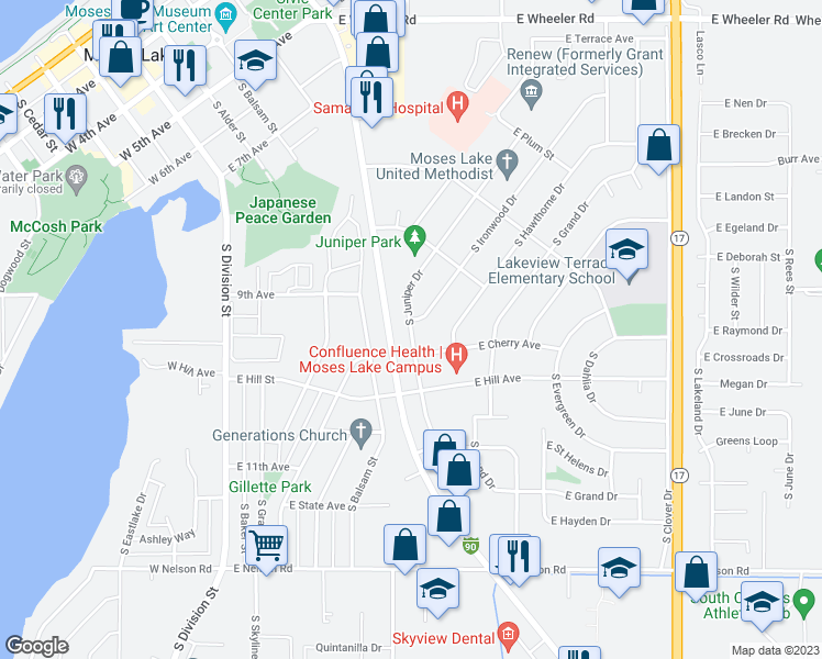 map of restaurants, bars, coffee shops, grocery stores, and more near 952 South Juniper Drive in Moses Lake